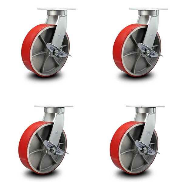 Service Caster 12 Inch Heavy Duty Red Poly on Cast Iron Swivel Caster Set with Brakes, 4PK SCC-KP92S1230-PUR-RS-SLB-4 - main